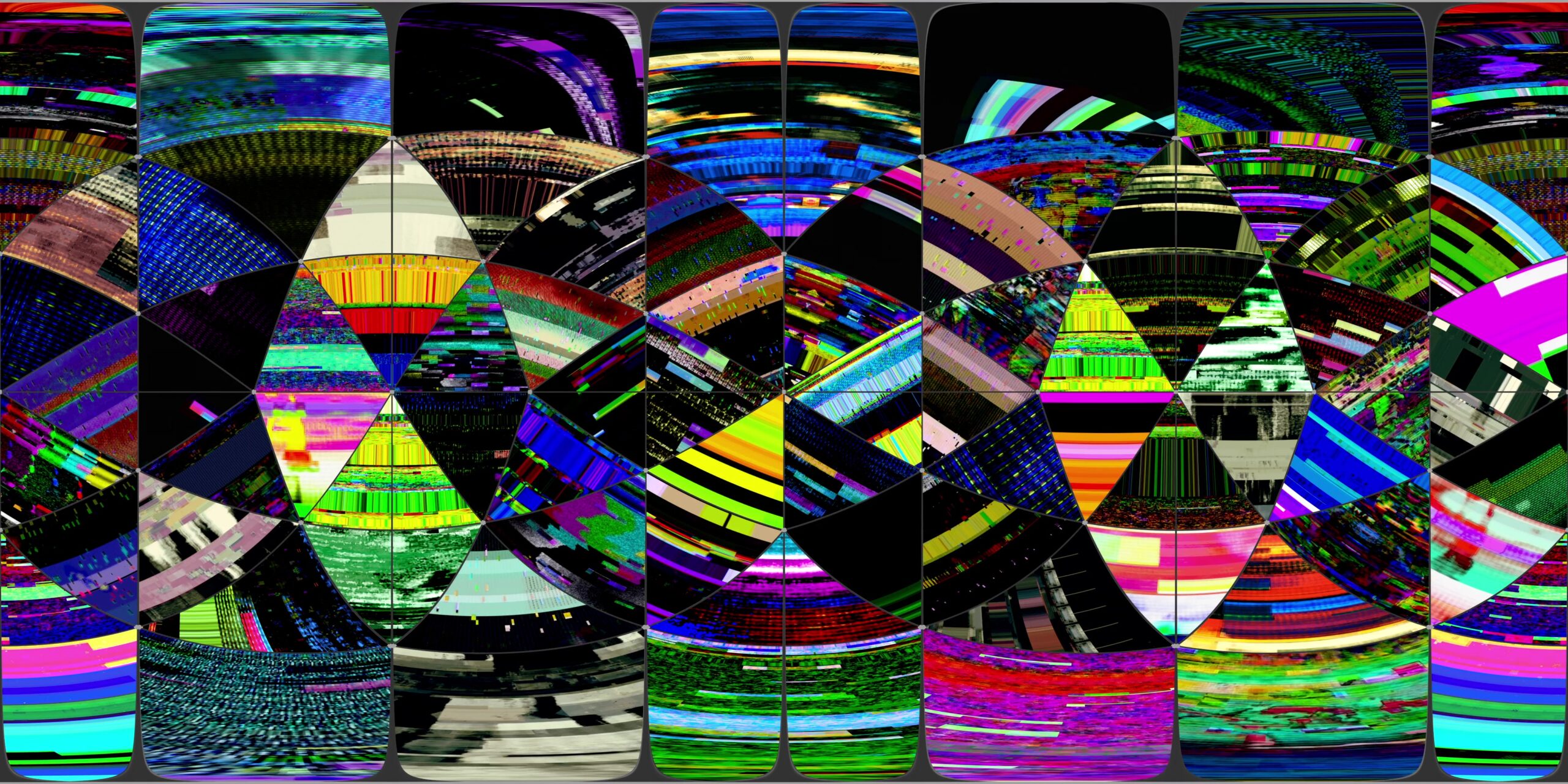A 360VR 4K video loop of a digital abstraction featuring glitch art with colorful pixels and neon hues on a dark virtual reality background.