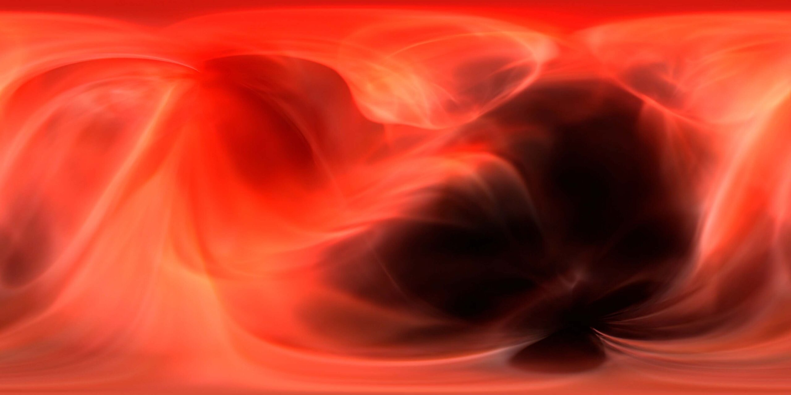 Abstract 360VR video loop of red and pink swirling light patterns on black virtual reality backdrop.