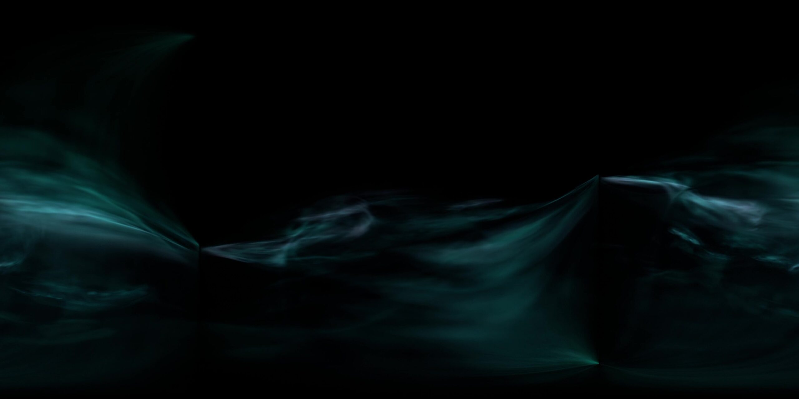 Dark abstract 360VR 4K video loop with teal and black flowing mist animation on a black background.