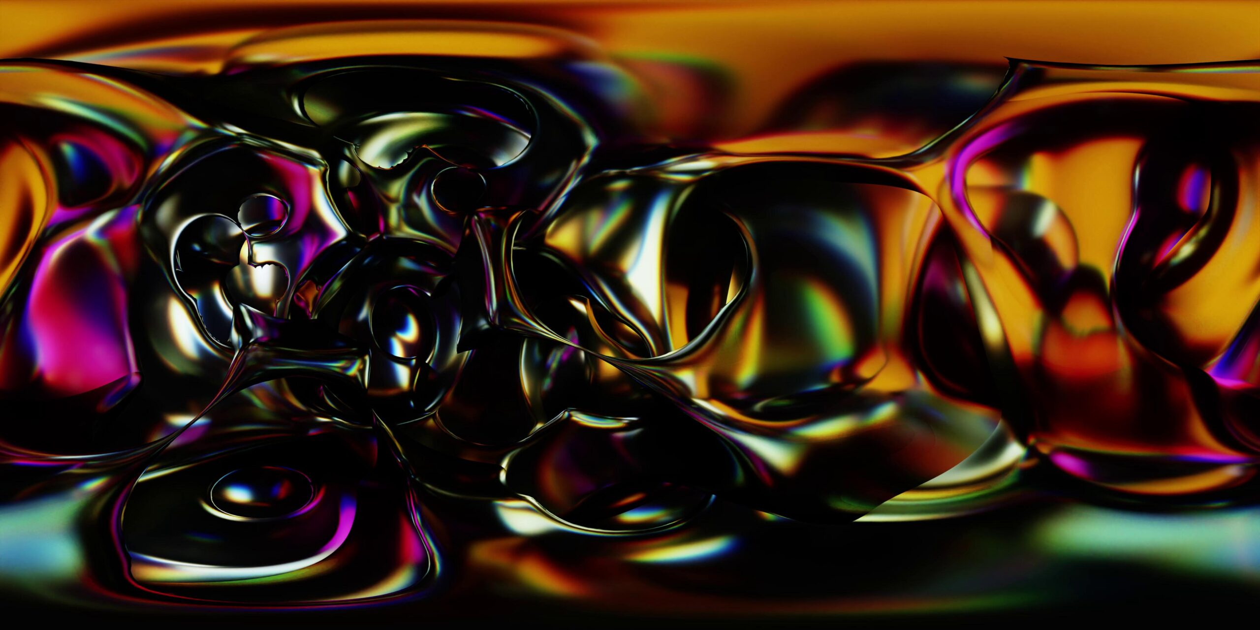 4K video loop of an abstract iridescent liquid-like 360VR scene with metallic reflections and flowing multicolor highlights.