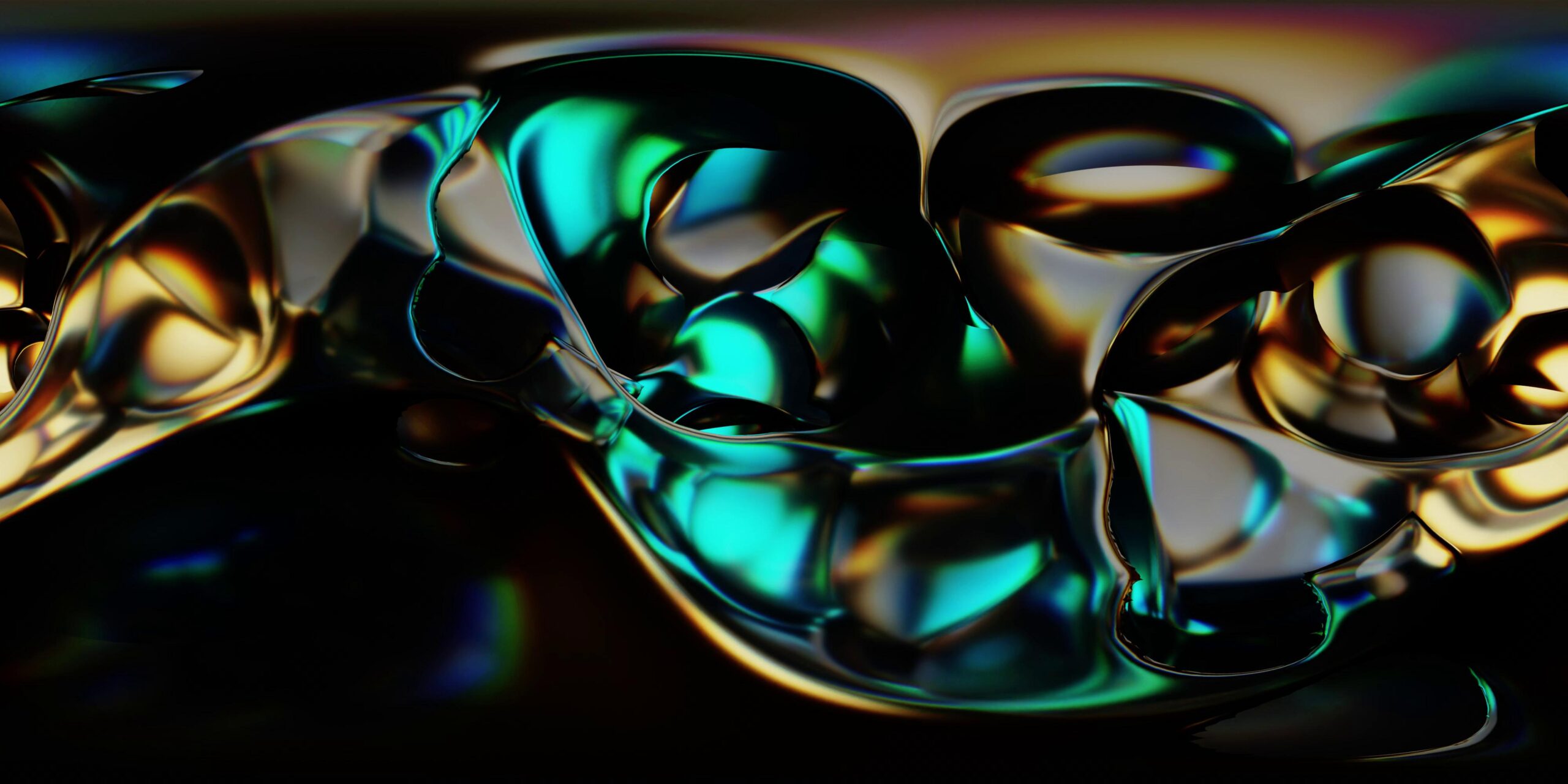4K video loop of an iridescent 360VR bubble interior with glowing fluid surfaces and reflective multicolor highlights.