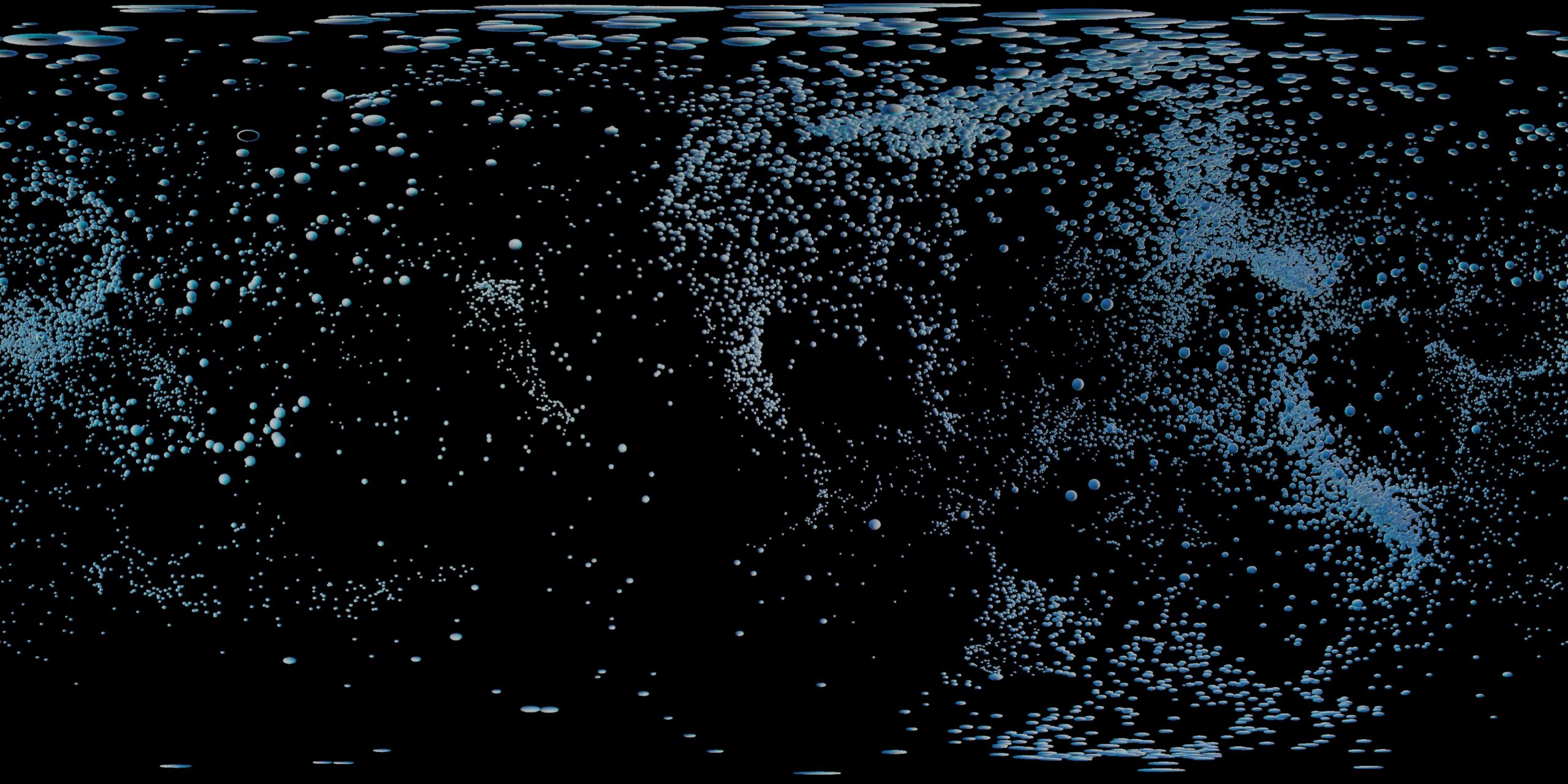 4K 360VR abstract particle field with floating blue spheres on a dark immersive video background.