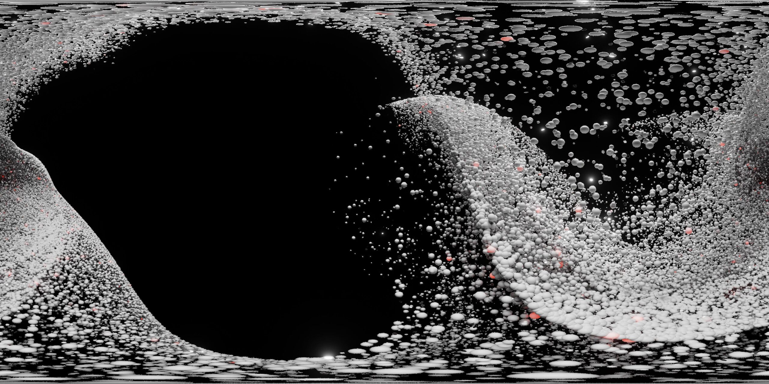 Immersive 360VR 4K video loop of an abstract particle wave forming a flowing cosmic vortex of white spheres on a dark background.