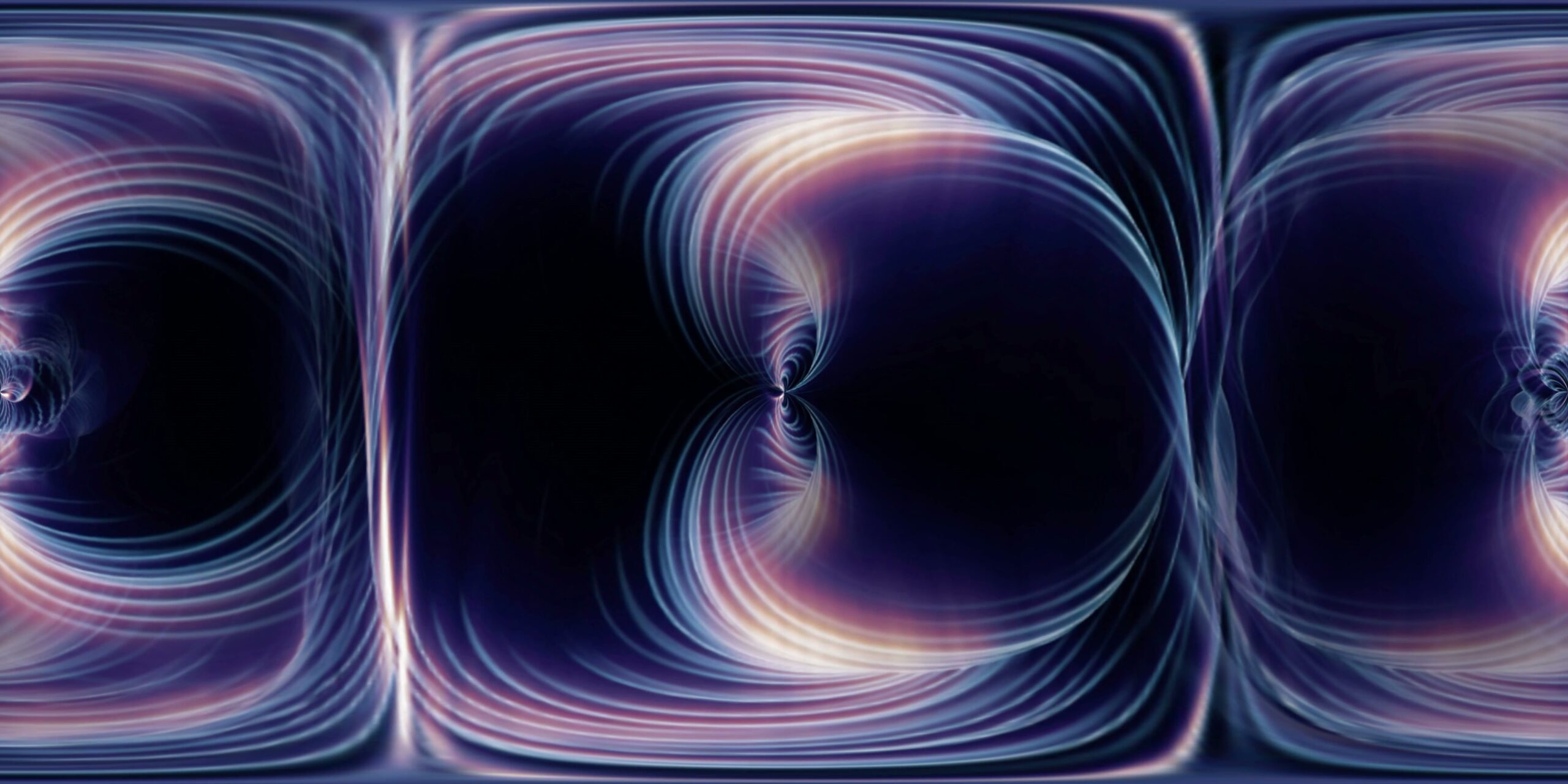 360VR 4K video loop of an abstract luminous vortex with immersive swirling light patterns in shades of blue, violet, and pink, creating a sense of depth and energy.