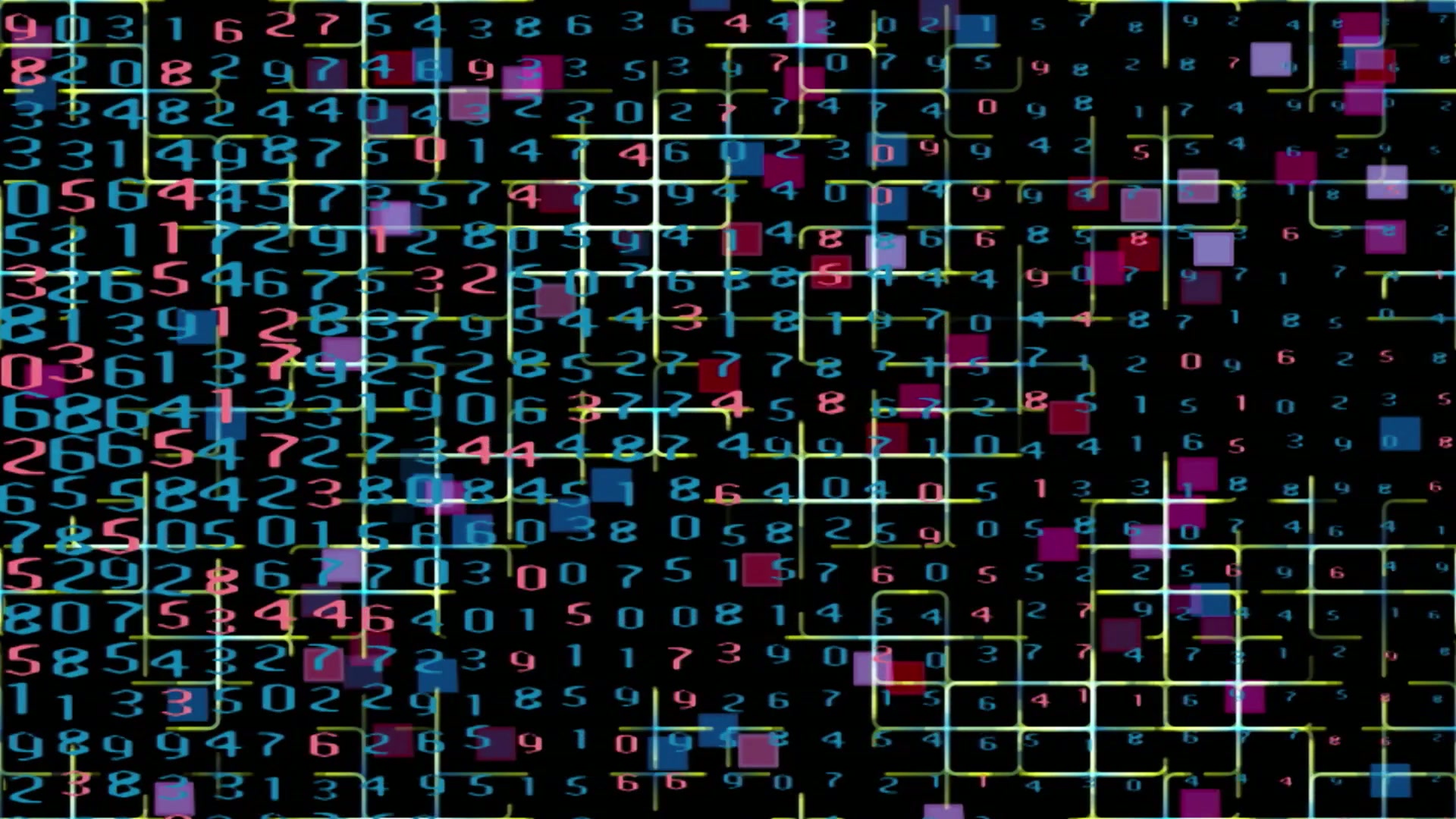 A vibrant digital video loop featuring scattered colorful numbers and intersecting lines against a black background, embodying chaotic data and modern technology themes.