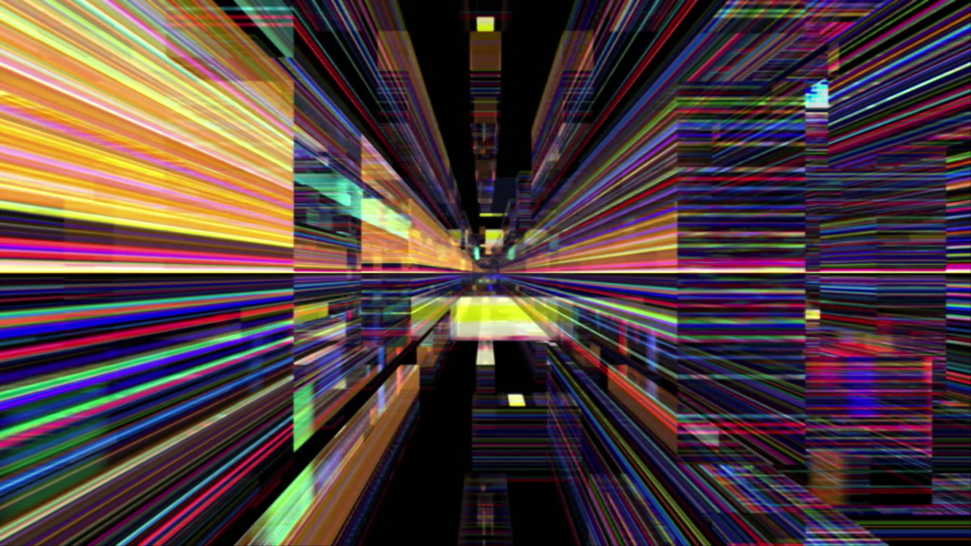 This video loop displays an abstract, colorful digital stream that resembles a futuristic tunnel.
