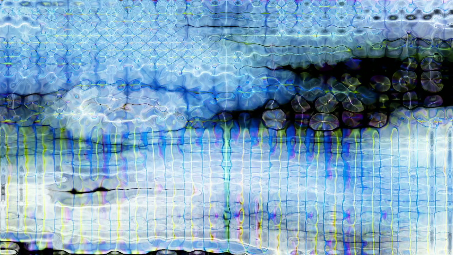 Abstract video loop with blue and yellow hues, dynamic waves, geometric patterns, and vertical lines creating a fluid, vibrant animation.