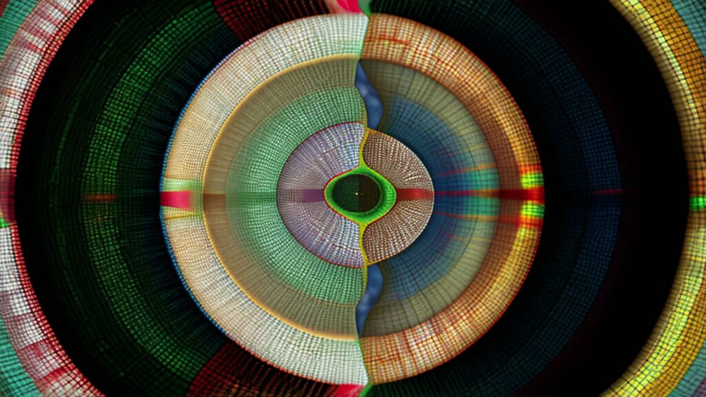 This video loop features a mesmerizing abstract design composed of concentric circles with intricate patterns and vibrant colors.