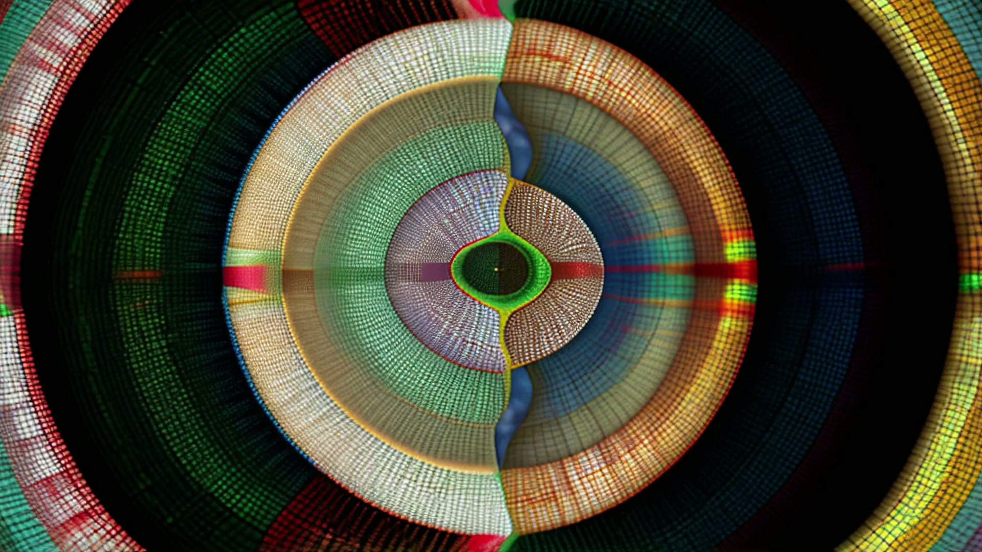 This video loop features a mesmerizing abstract design composed of concentric circles with intricate patterns and vibrant colors.