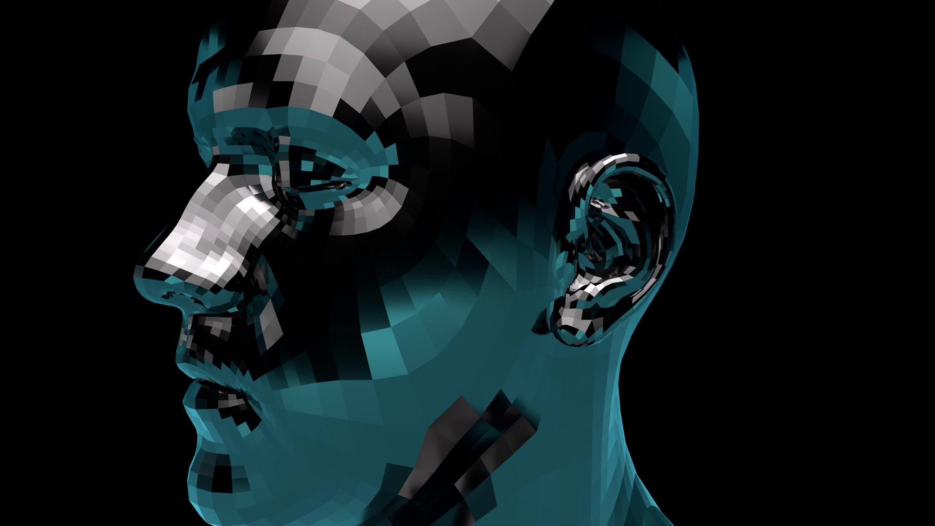 Low-poly blue human head sculpture rotating on dark video backdrop