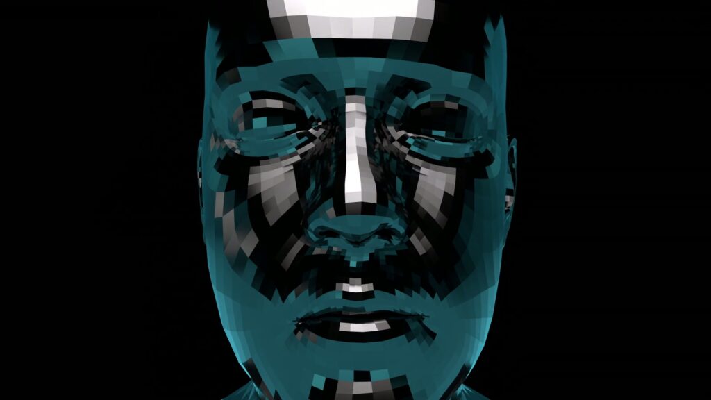 An abstract digital looping video featuring a human face in a polygonal style with teal, black, and white hues on a black background, conveying themes of technology and identity.