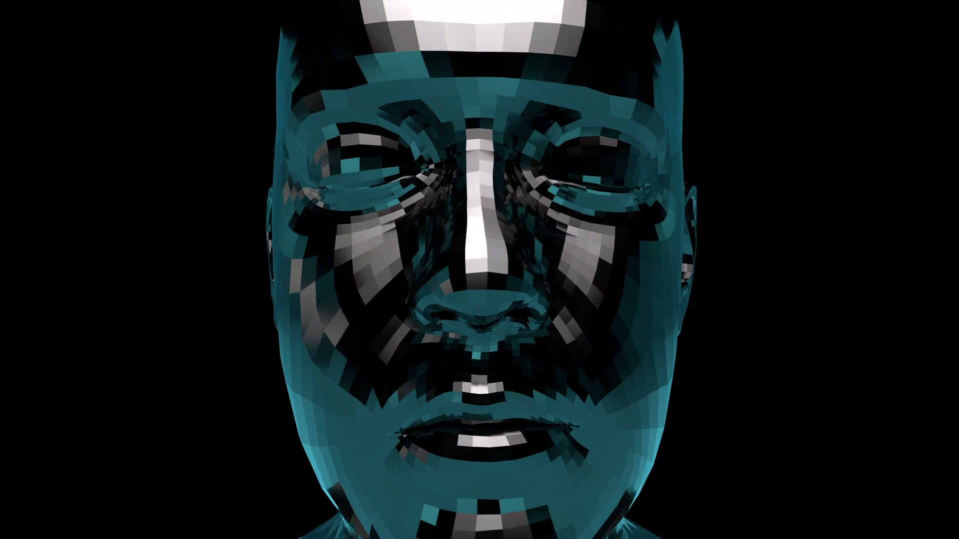 An abstract digital looping video featuring a human face in a polygonal style with teal, black, and white hues on a black background, conveying themes of technology and identity.