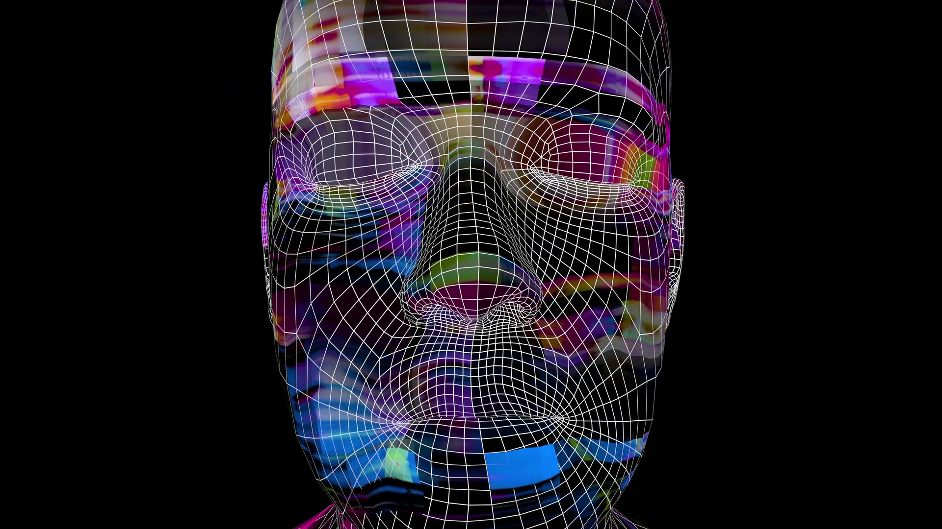 3D wireframe model of a human face overlaid with vibrant digital glitch patterns, illustrating a fusion of technology and art.