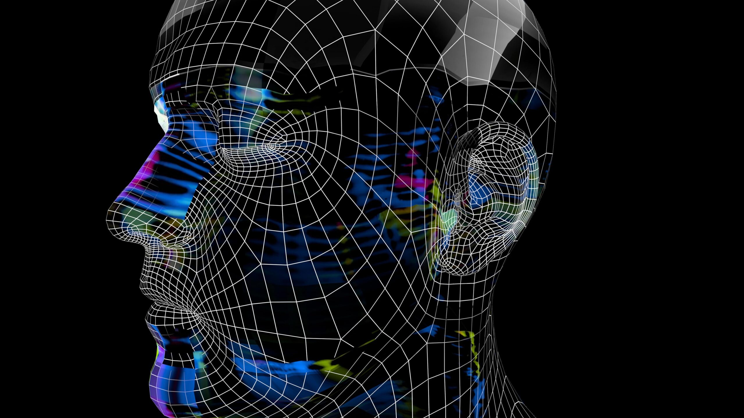 4K video loop of abstract colorful wireframe human head art floating digitally in dark space.