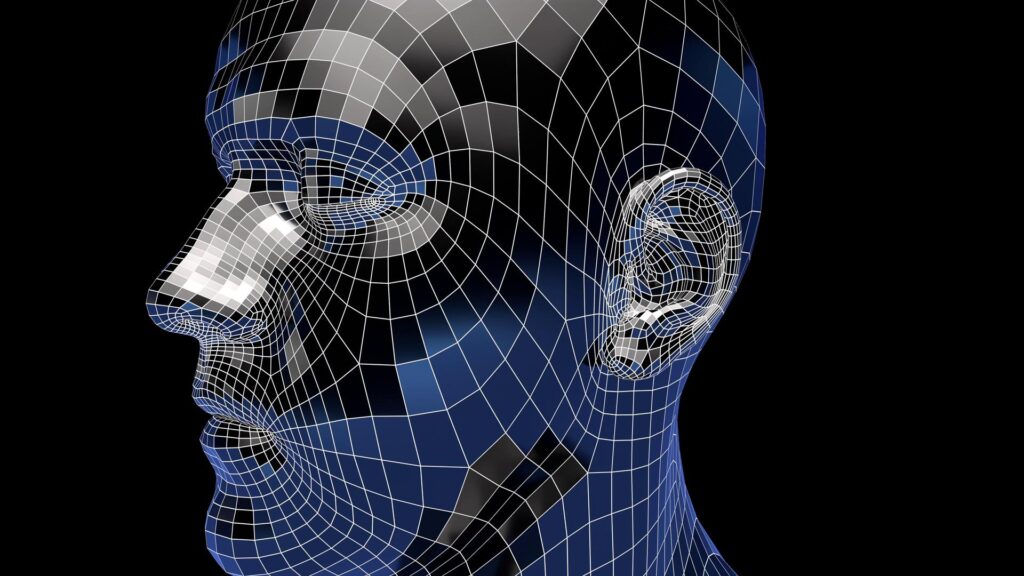 HD video loop wireframe human head rotating digitally against dark video backdrop