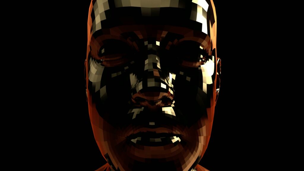 A 3D pixelated metallic face on black background, video loop.