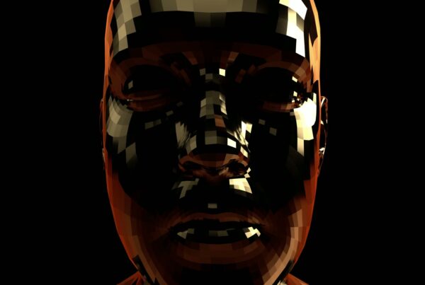 A 3D pixelated metallic face on black background, video loop.
