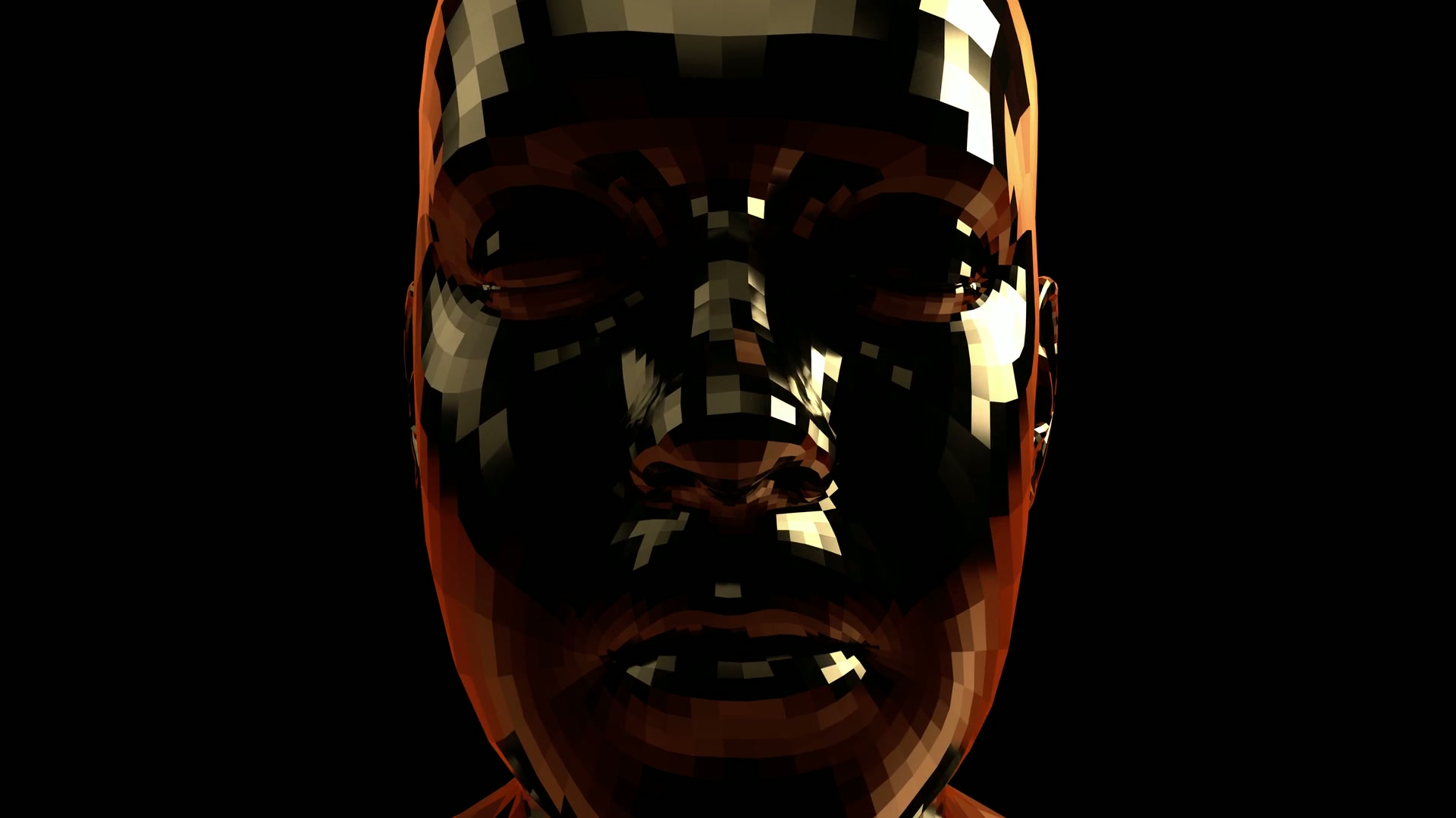 A 3D pixelated metallic face on black background, video loop.