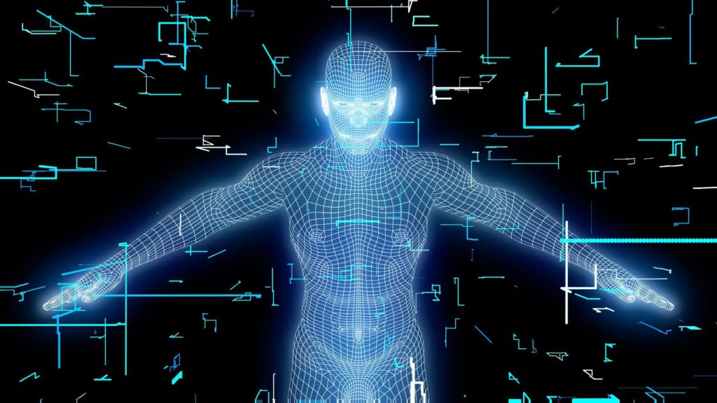 HD video loop of a futuristic holographic human surrounded by dynamic tech lines and symbols.