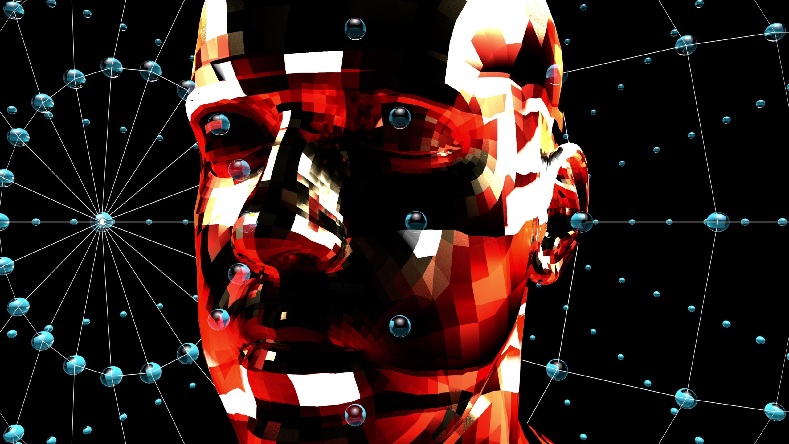 Abstract red geometric human head surrounded by floating blue orbs and connecting lines, suggesting cybernetics or neural networks.