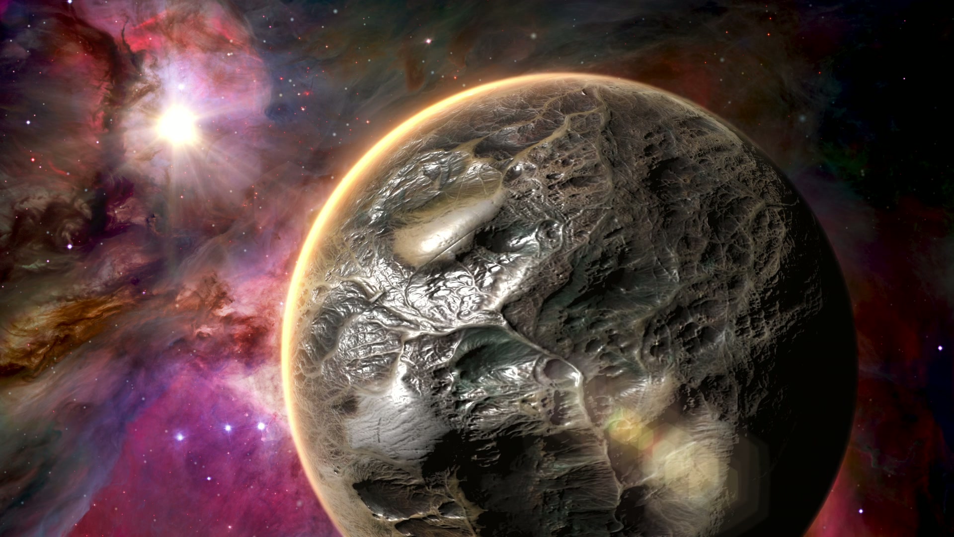 A detailed video of an alien planet with a textured surface, set against a vibrant backdrop of nebulae and distant stars, featuring a bright star shining on the left.
