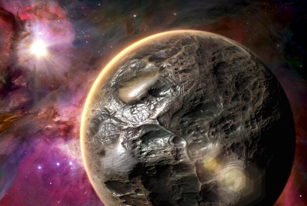 A detailed 4K video of an alien planet with a textured surface, set against a vibrant backdrop of nebulae and distant stars, featuring a bright star shining on the left.