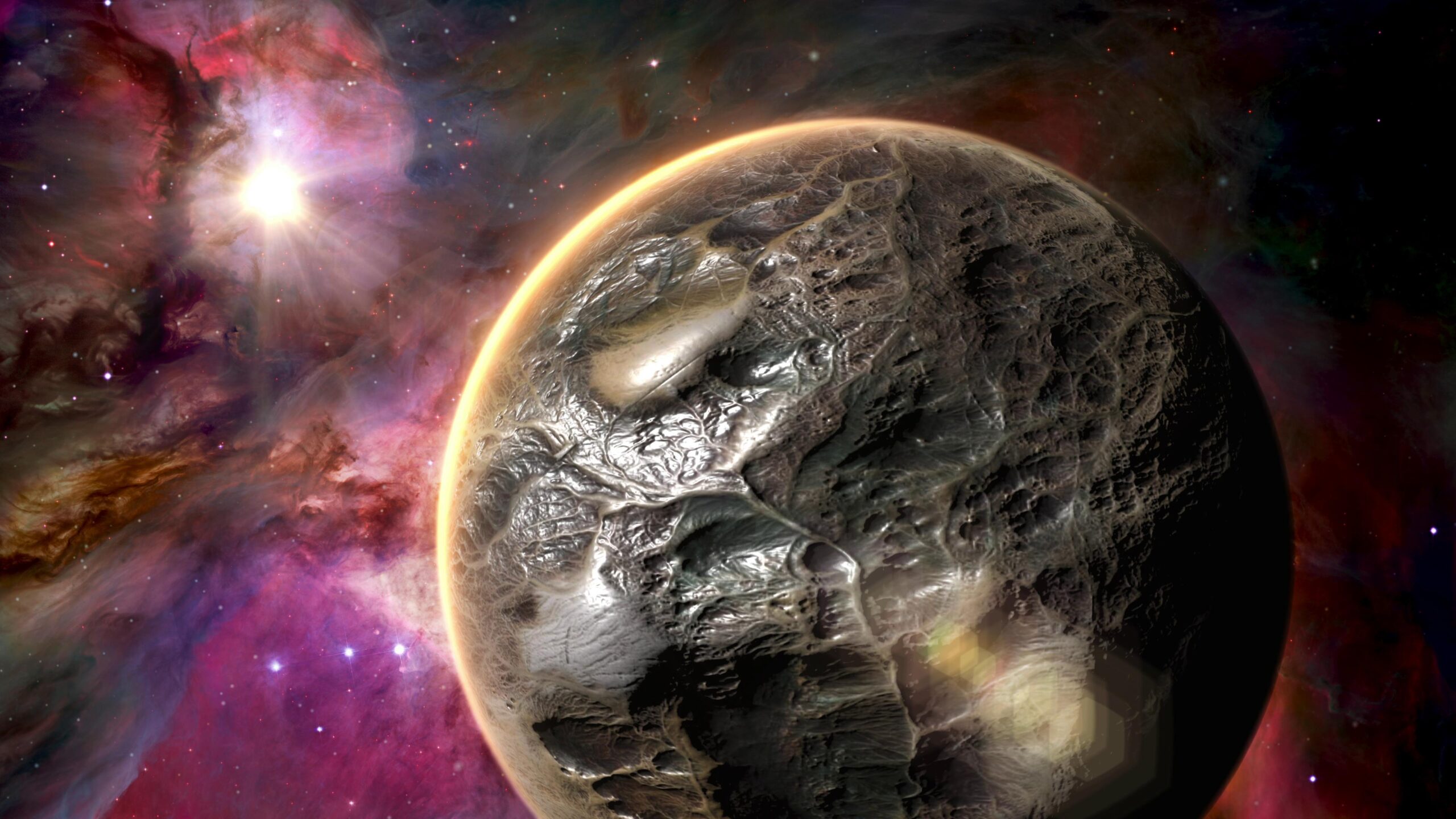 A detailed 4K video of an alien planet with a textured surface, set against a vibrant backdrop of nebulae and distant stars, featuring a bright star shining on the left.