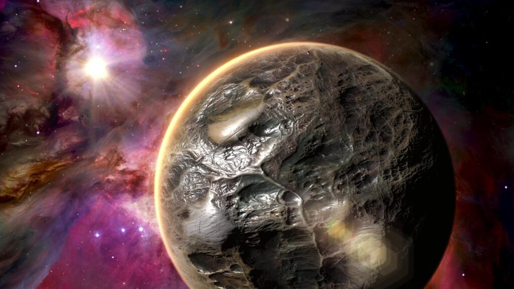 HD video of a mysterious planet with a metallic surface is set against a vibrant, star-filled nebula in deep space.