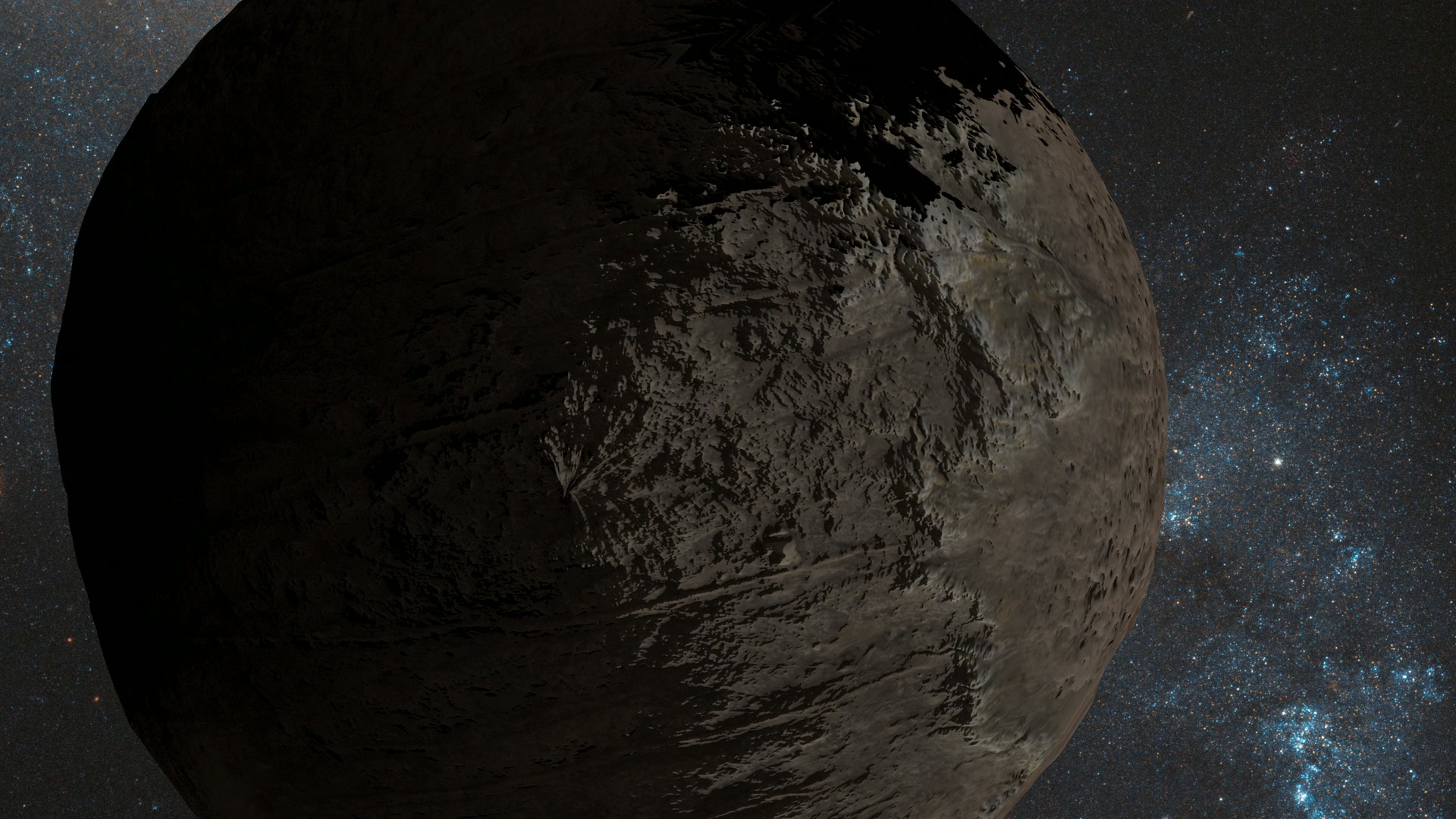 A large rocky celestial body partially illuminated against a star-filled backdrop, showcasing a textured surface with dramatic lighting and shadows, surrounded by the vastness of space.