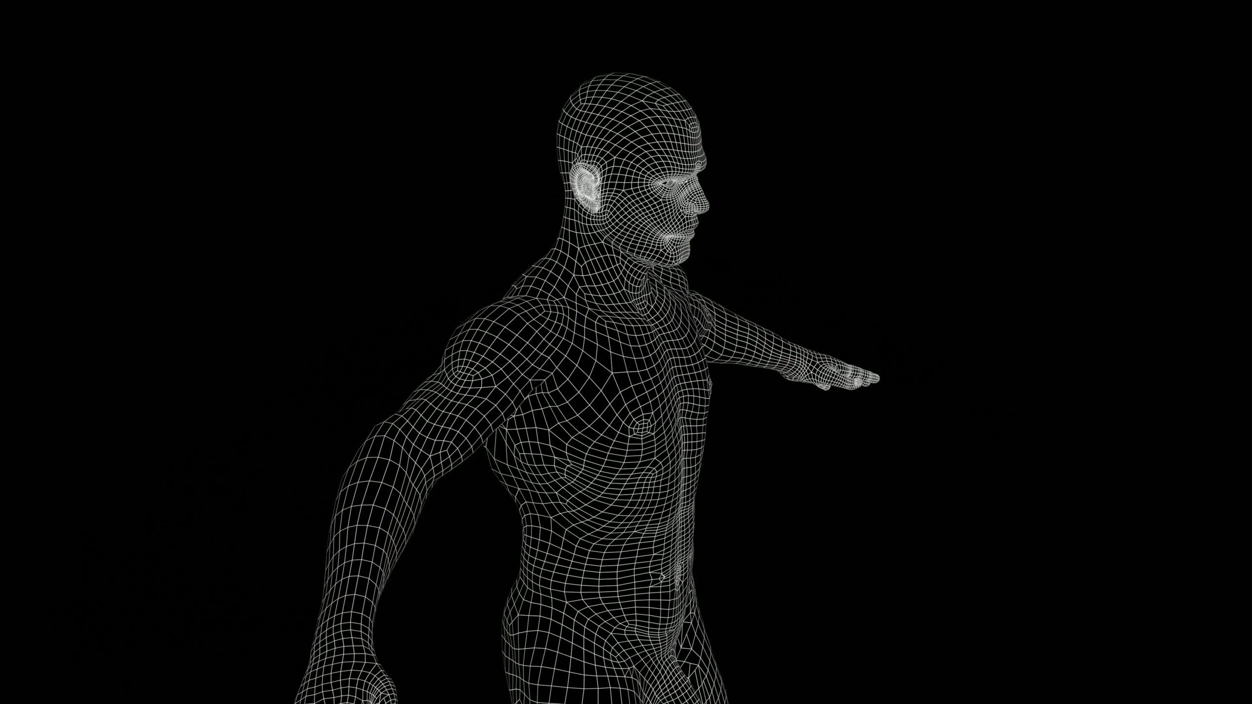 4K video loop of a 3D wireframe of a human figure against a black background, showcasing intricate geometric patterns in digital design and modeling.
