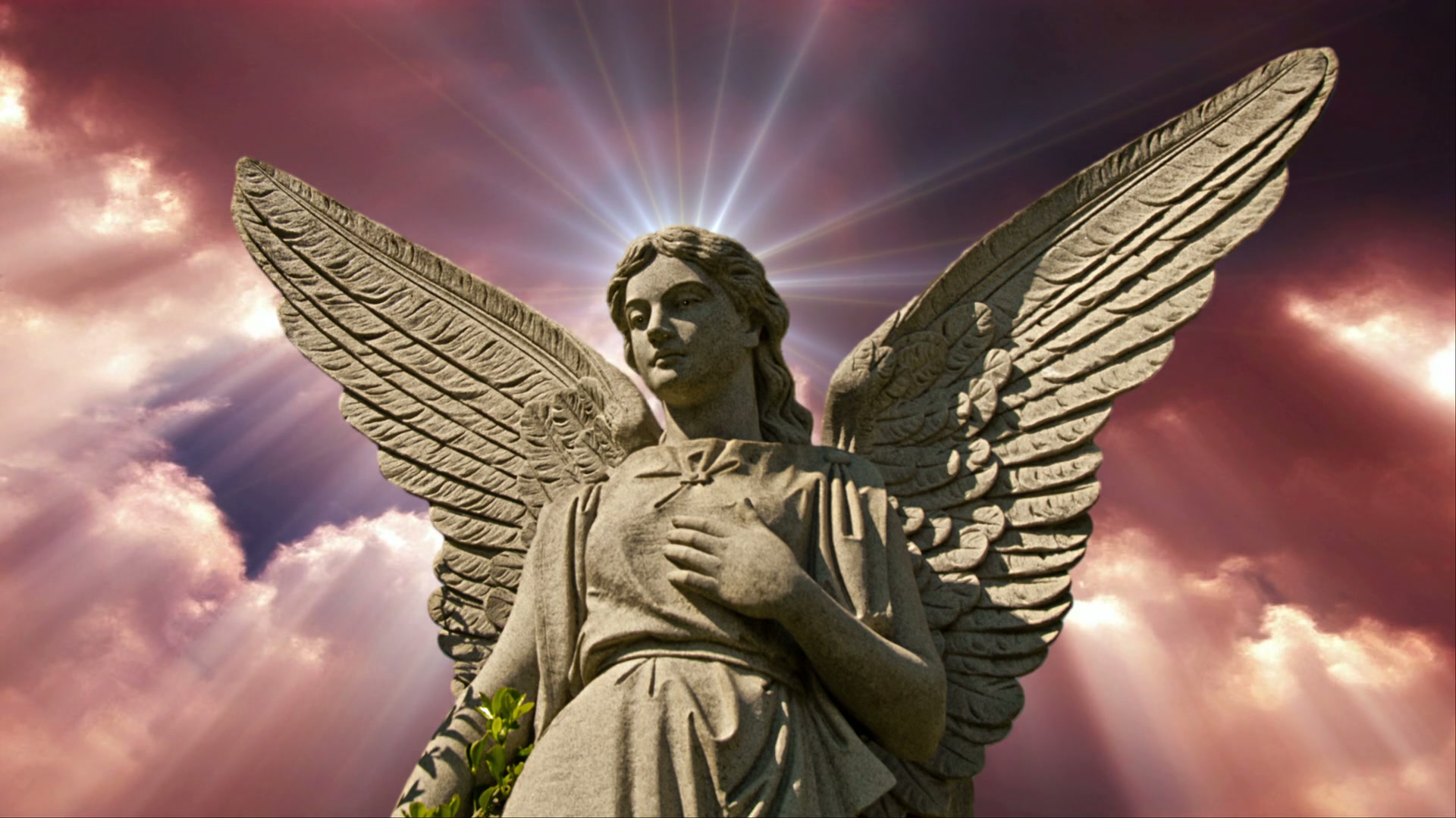 An ethereal stone angel statue with detailed wings against a dramatic time-lapse sky of purple and pink, illuminated by radiant beams of animating light, creating a serene and spiritual atmosphere.