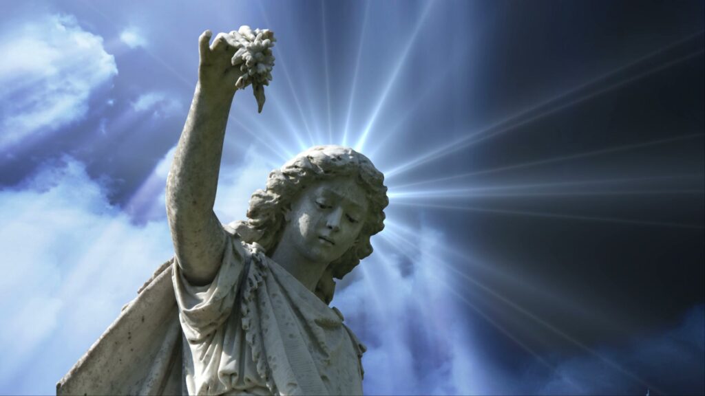 An angelic statue holding grapes with sunlight beams and time-lapse clouds in the background, creating a celestial and serene atmosphere.