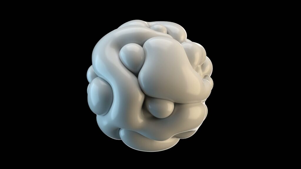 This video loop showcases a complex, organic 3D form with a smooth, reflective surface as it undulates. It appears to be an abstract blob consisting of various rounded, interlocking shapes.
