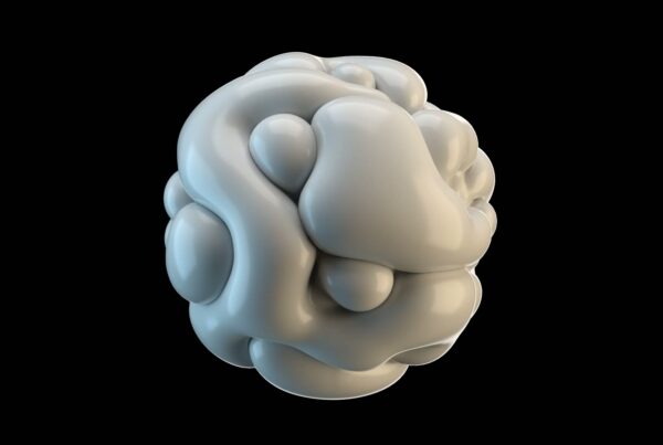 This video loop showcases a complex, organic 3D form with a smooth, reflective surface as it undulates. It appears to be an abstract blob consisting of various rounded, interlocking shapes.