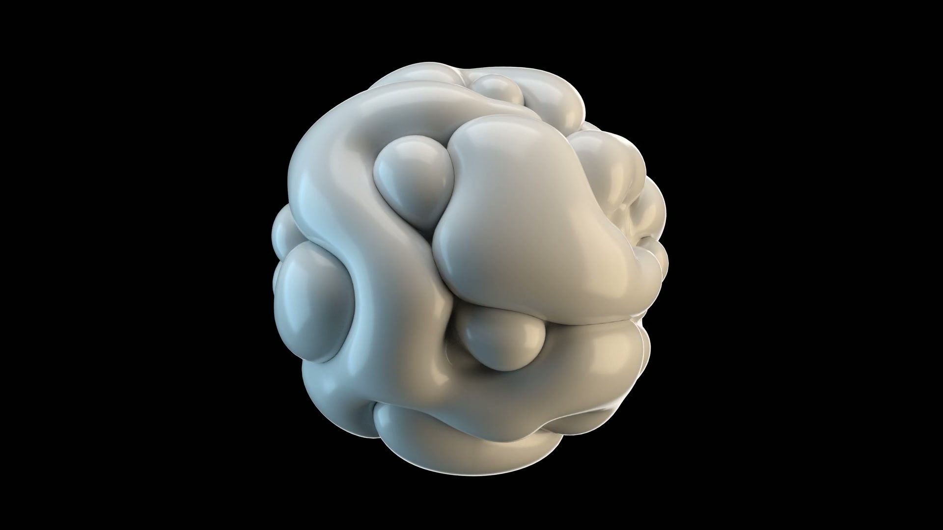 This video loop showcases a complex, organic 3D form with a smooth, reflective surface as it undulates. It appears to be an abstract blob consisting of various rounded, interlocking shapes.