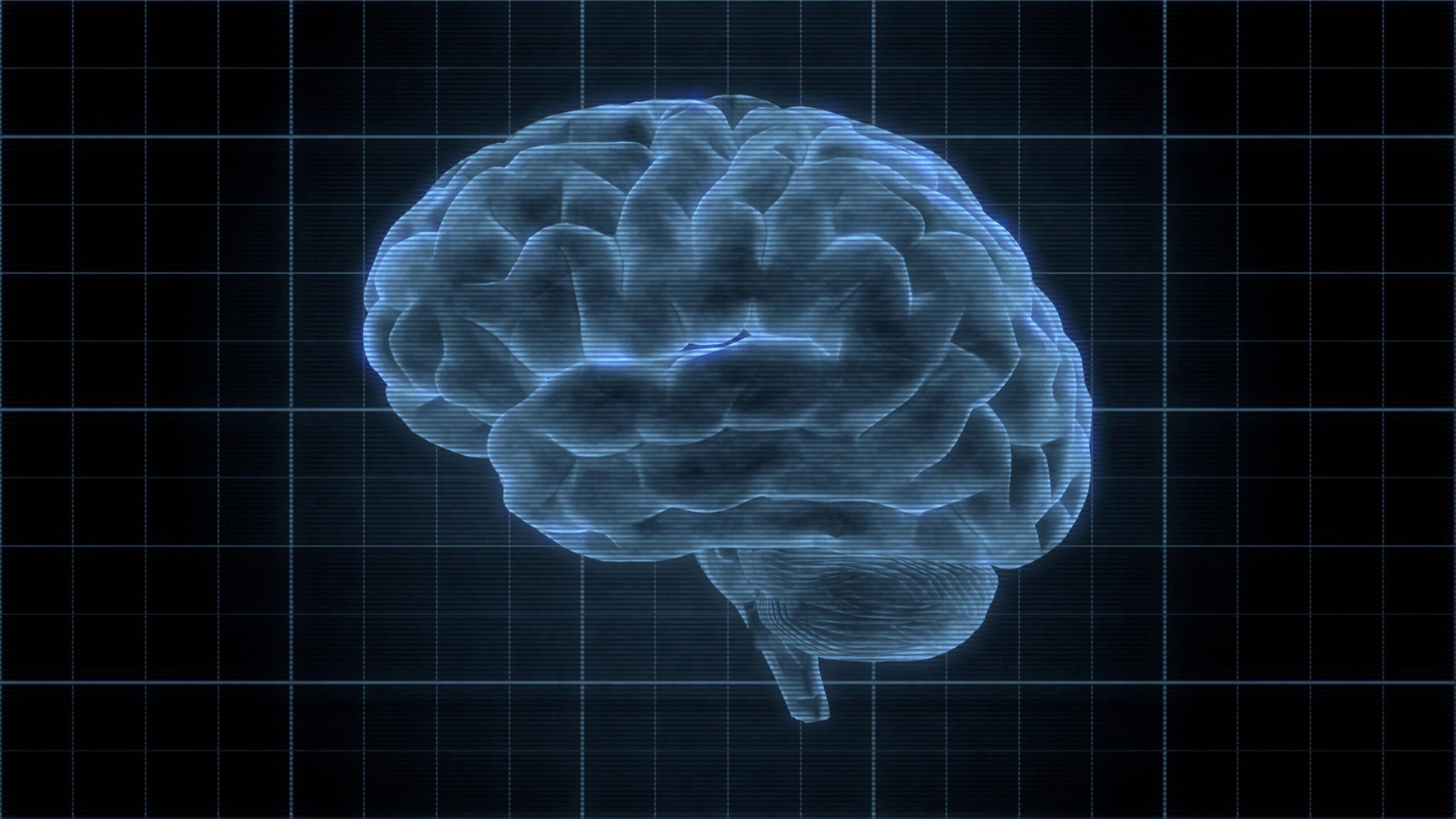 Holographic brain display on a digital grid.