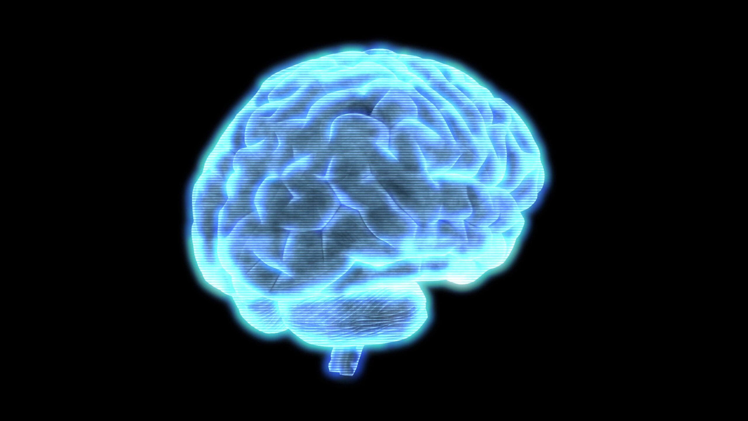 Futuristic digital hologram 4K video loop of a glowing blue human brain against a black background, highlighting advanced technology and neural connections.