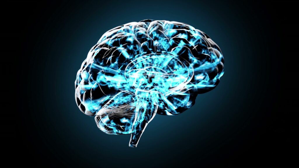 Digital animation loop of a human brain with glowing blue neural pathways, showcasing the complexity and connectivity of brain activity brainstorming against a dark background.