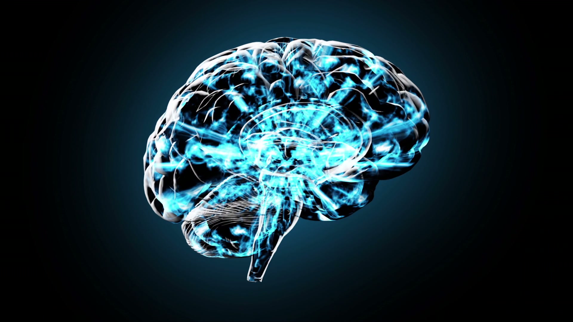 Digital animation loop of a human brain with glowing blue neural pathways, showcasing the complexity and connectivity of brain activity brainstorming against a dark background.