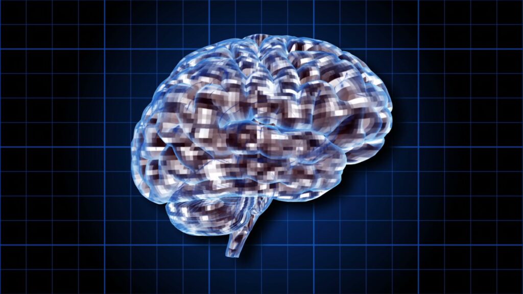 Abstract digital brain with pixelated animation effect against a blue grid background, symbolizing future technology and neuroscience.