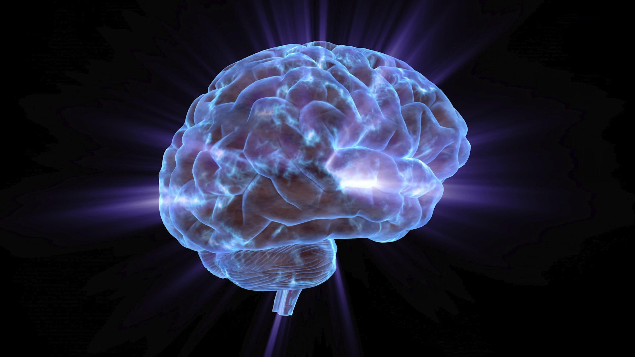 4K video loop of a glowing digital rendering of a brain with blue and purple hues against a dark background, radiating light beams outward.