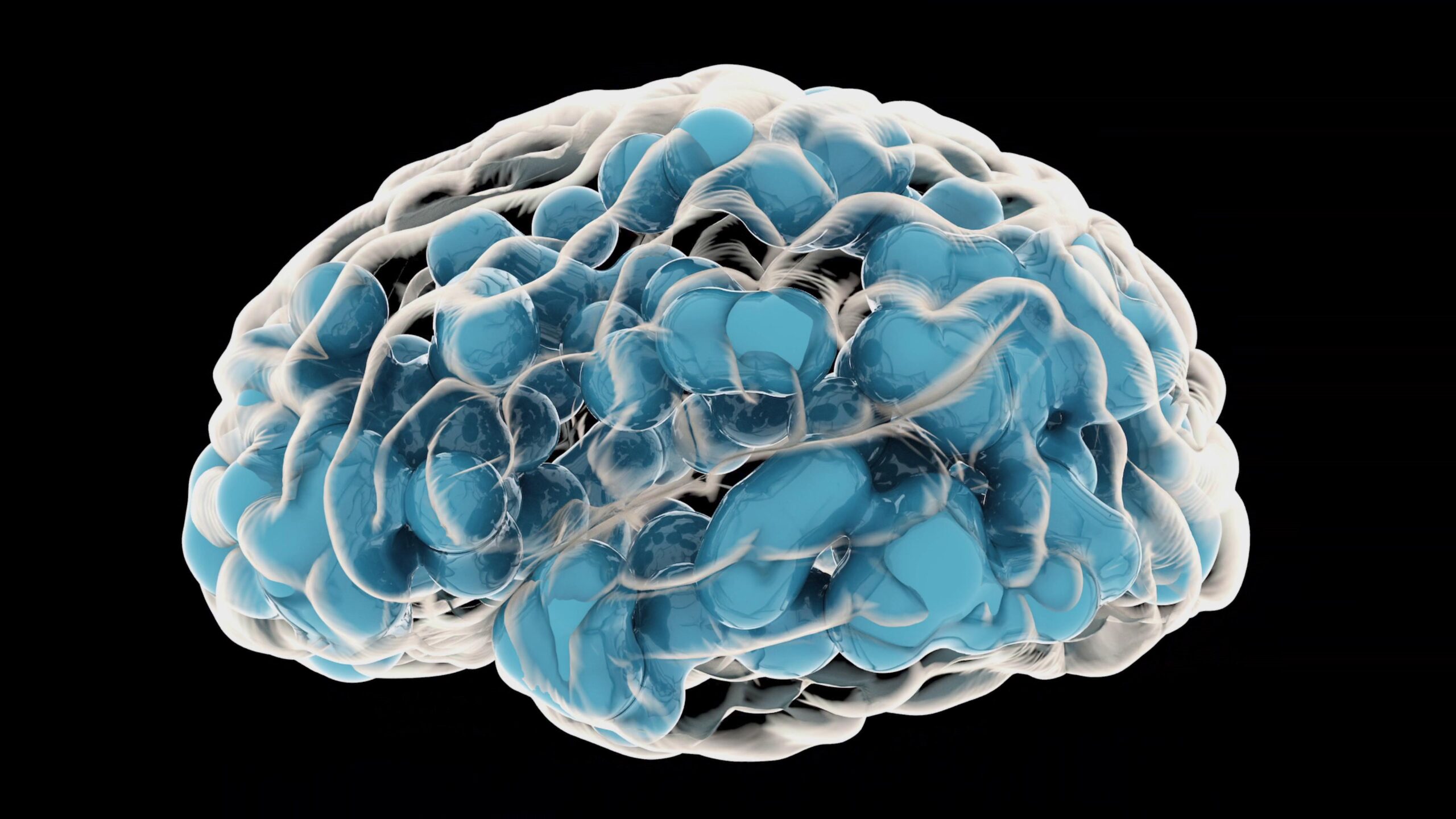 Artistic 4K video rendering of a human brain with blue hemispheres and intricate design against a black background.