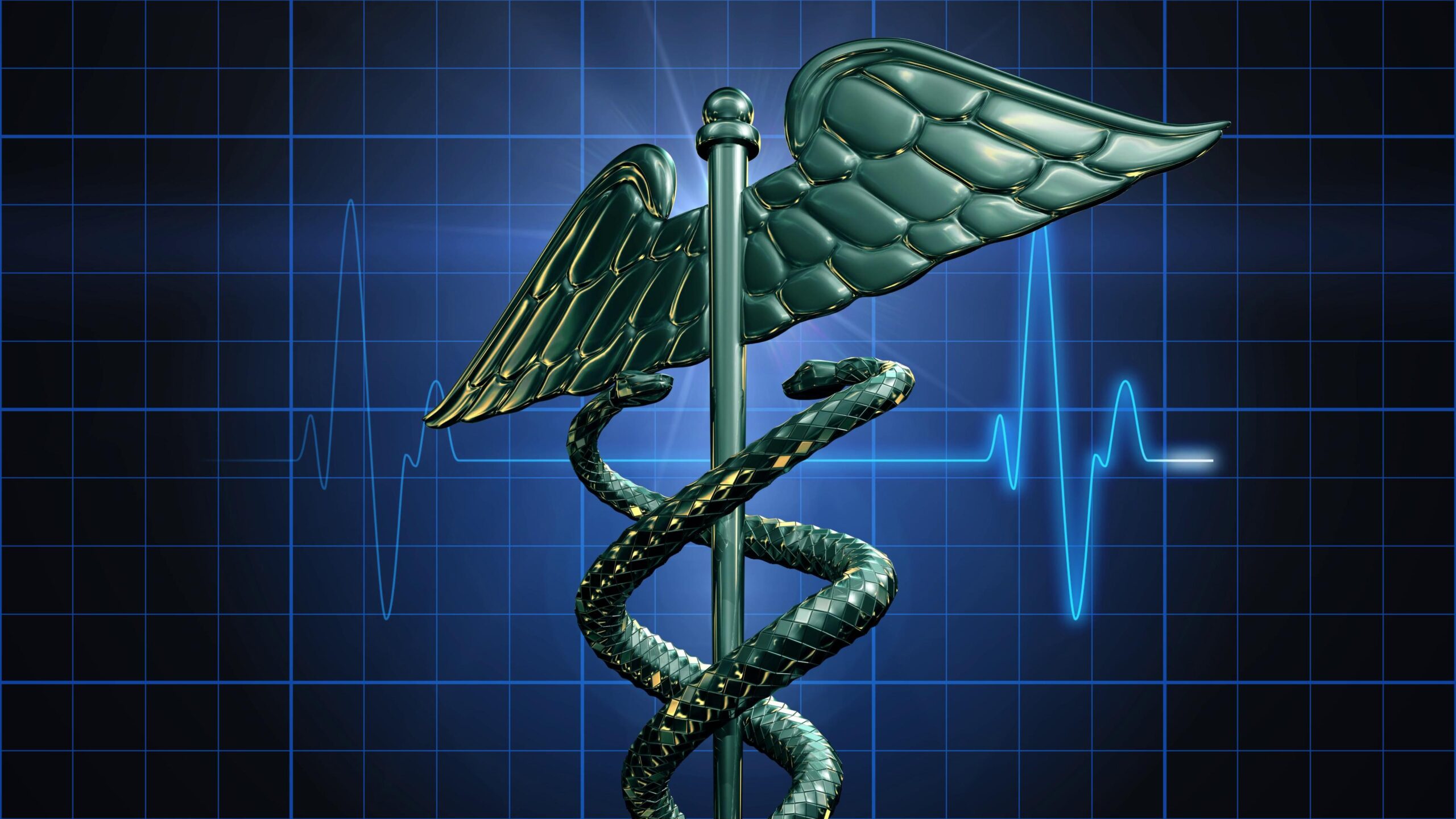 4K video showcases a shiny caduceus symbol with two snakes encircling a winged staff, set against a blue EKG background.