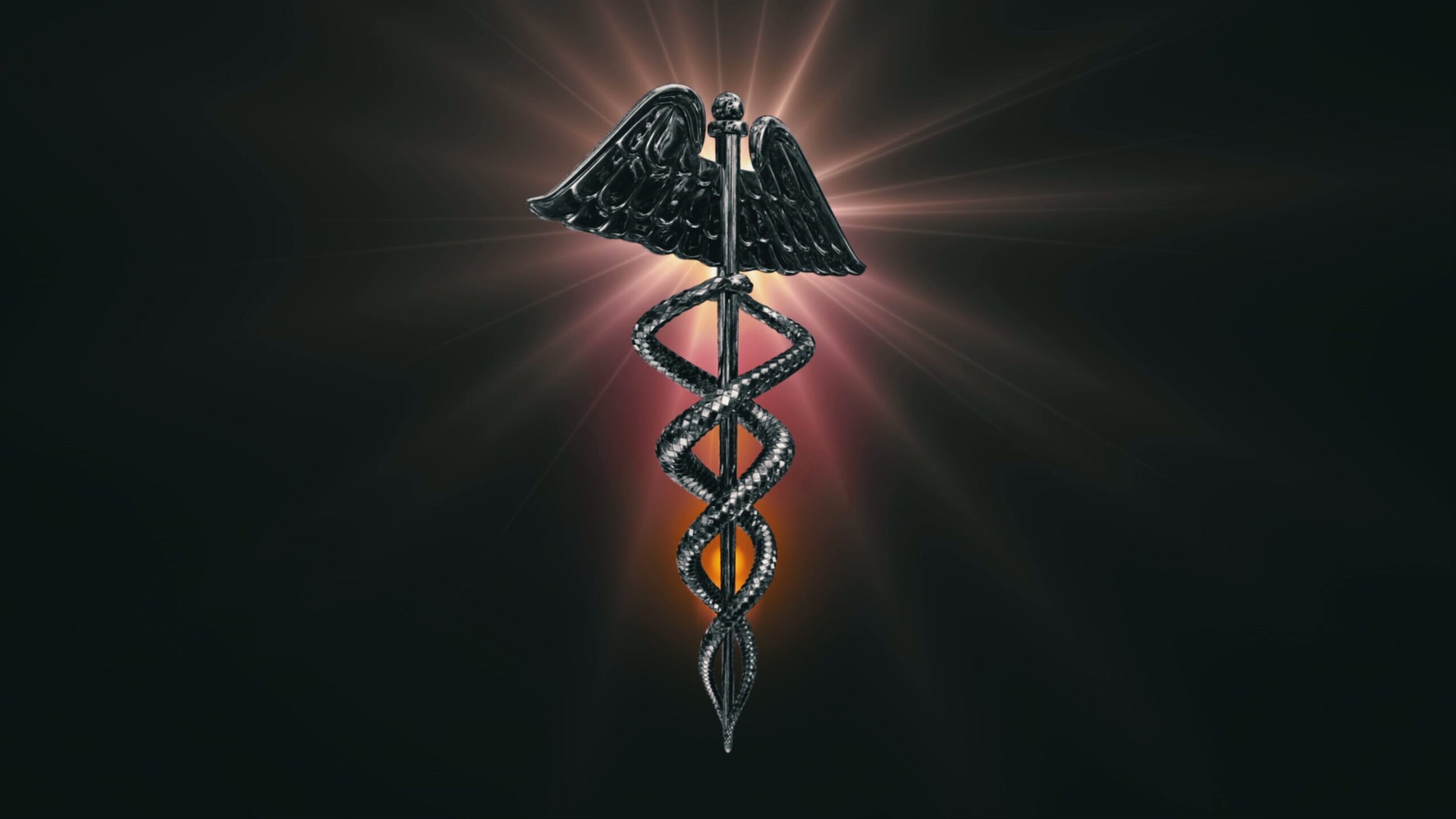 A 4K video loop of a rotating caduceus symbol with radiant glow, depicting intertwined serpents and wings, symbolizing medicine and healing.