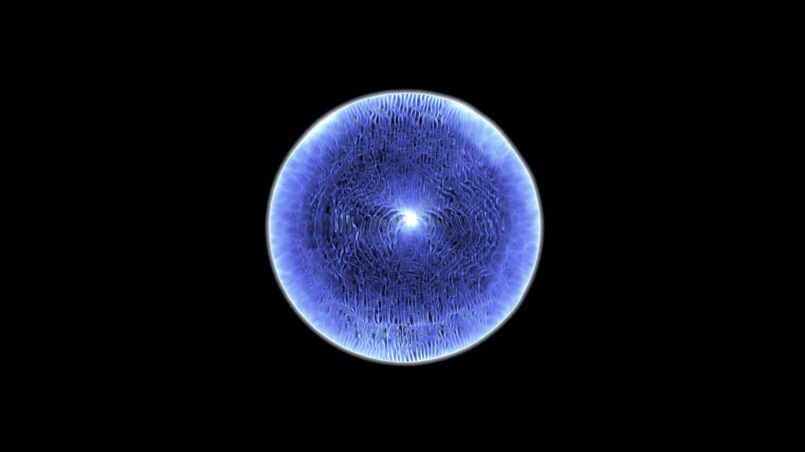 An animation loop of a luminous blue sphere with a radiant core and intricate patterns on a black background.