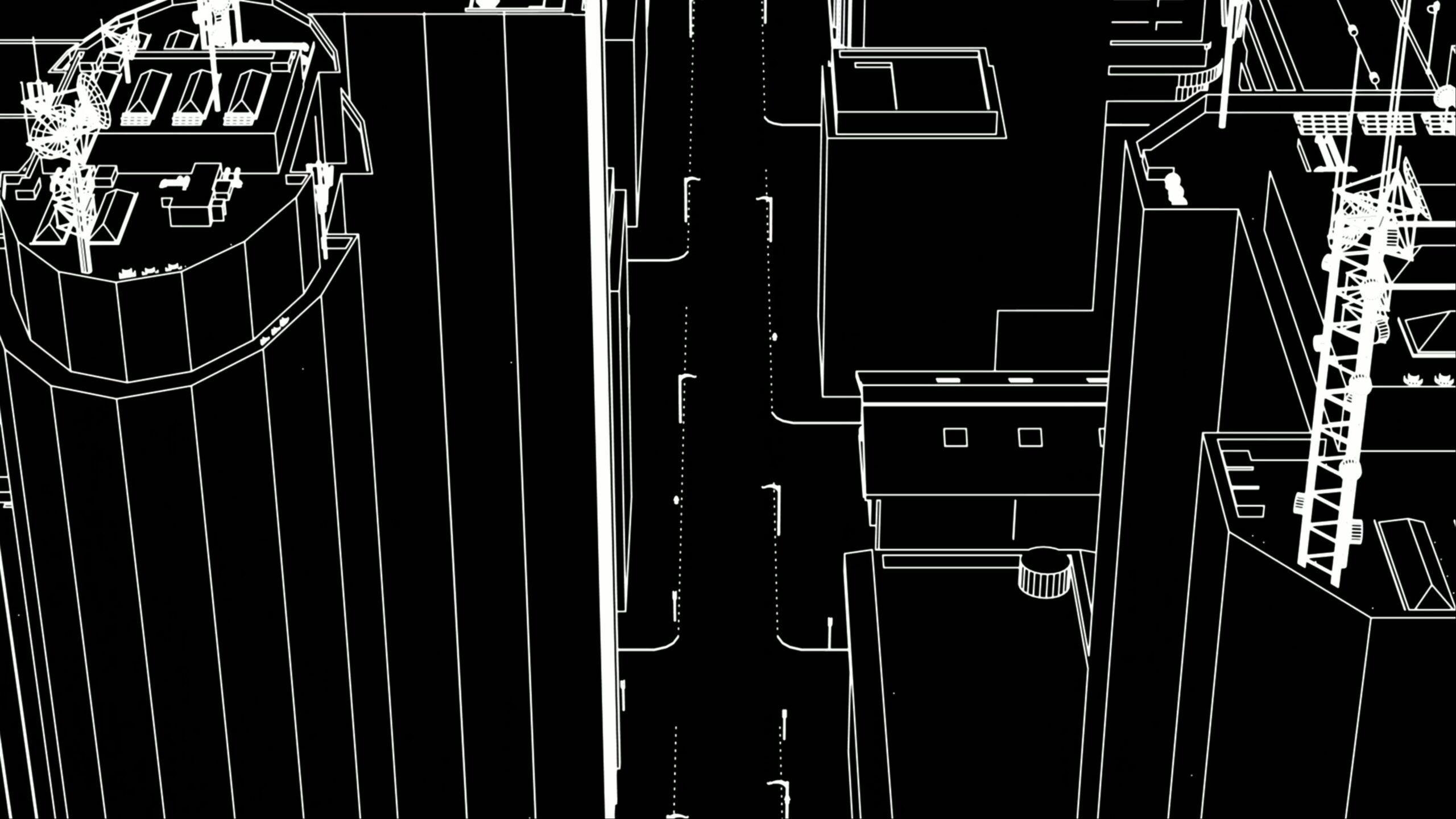 Stylized black and white 4K looping video of a cityscape from above.