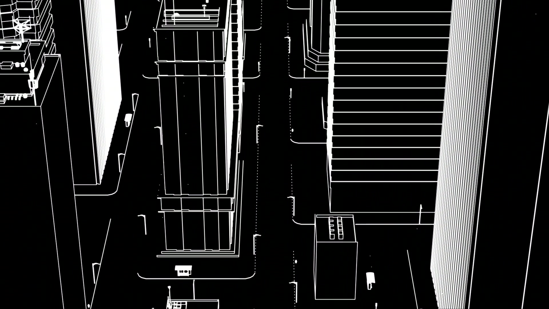 Black and white Wireframe animation of an urban cityscape viewed from above, featuring detailed rooftop structures and tall buildings flanking narrow streets.