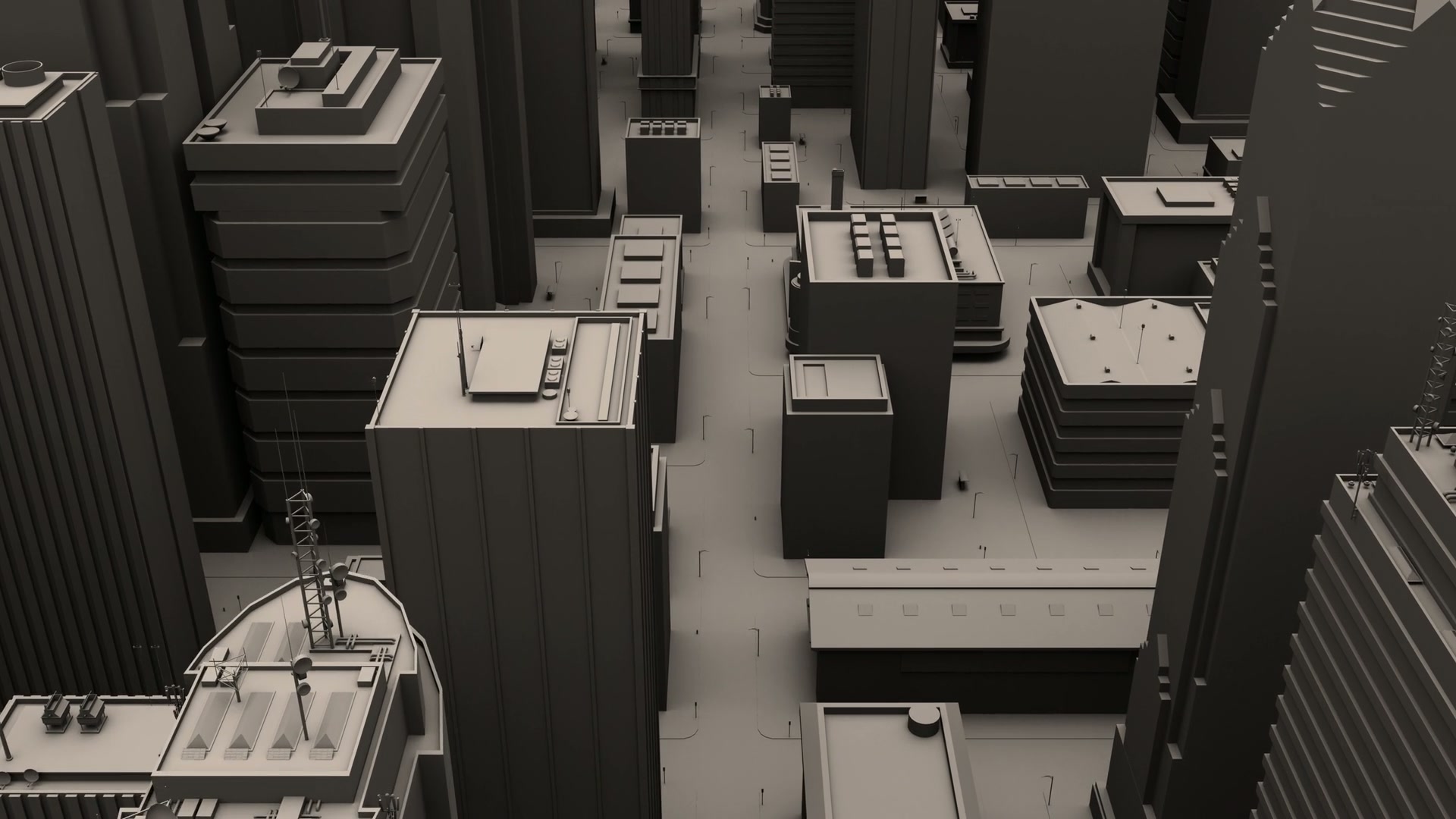 Monochromatic 3D cityscape animation loop featuring tall buildings and narrow streets in a grid-like pattern, creating a futuristic and abstract urban environment.