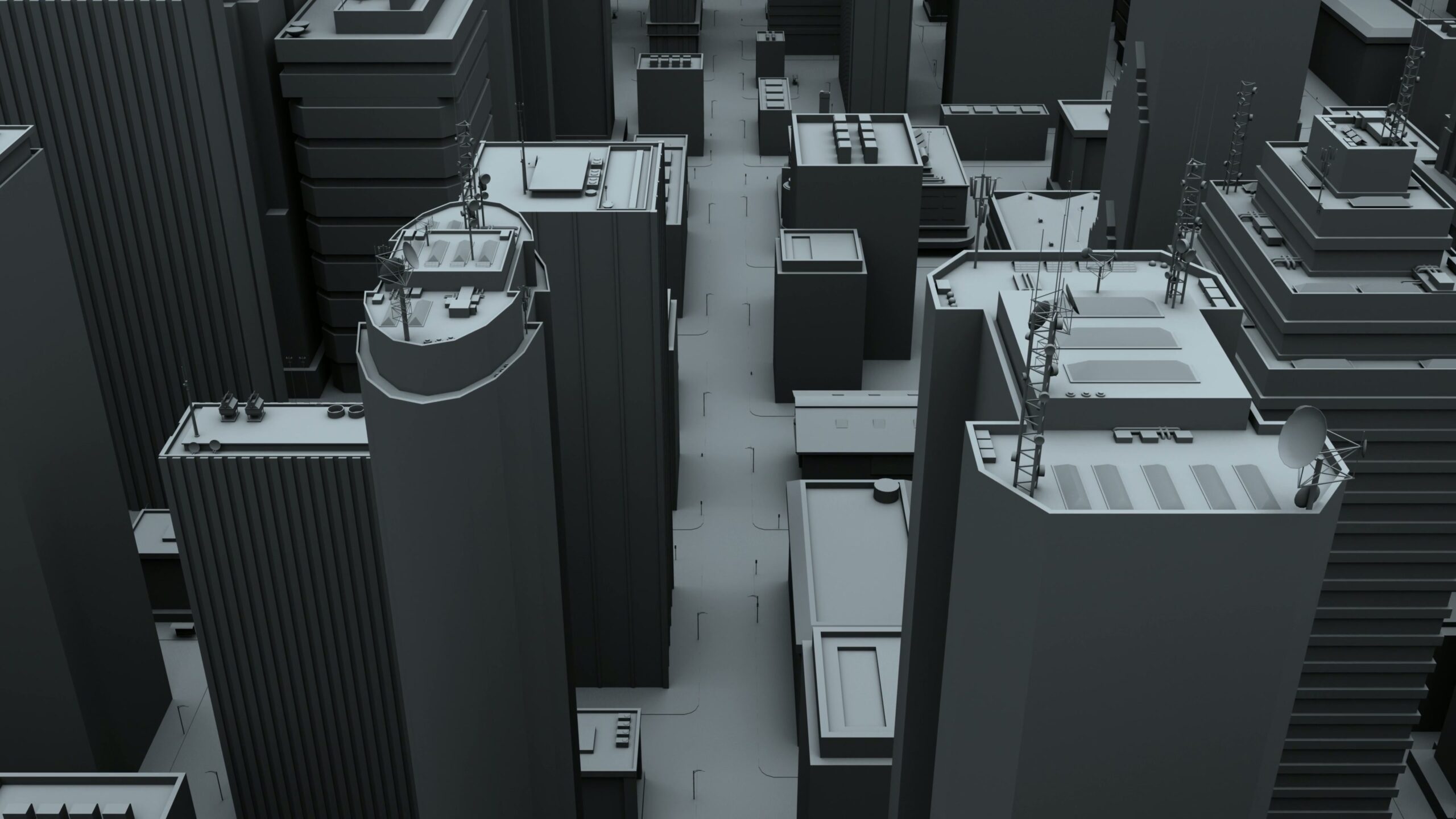 4K video loop of a monochrome aerial view of a cityscape with tall buildings, showing technological equipment on rooftops, creating a minimalistic and futuristic urban scene.