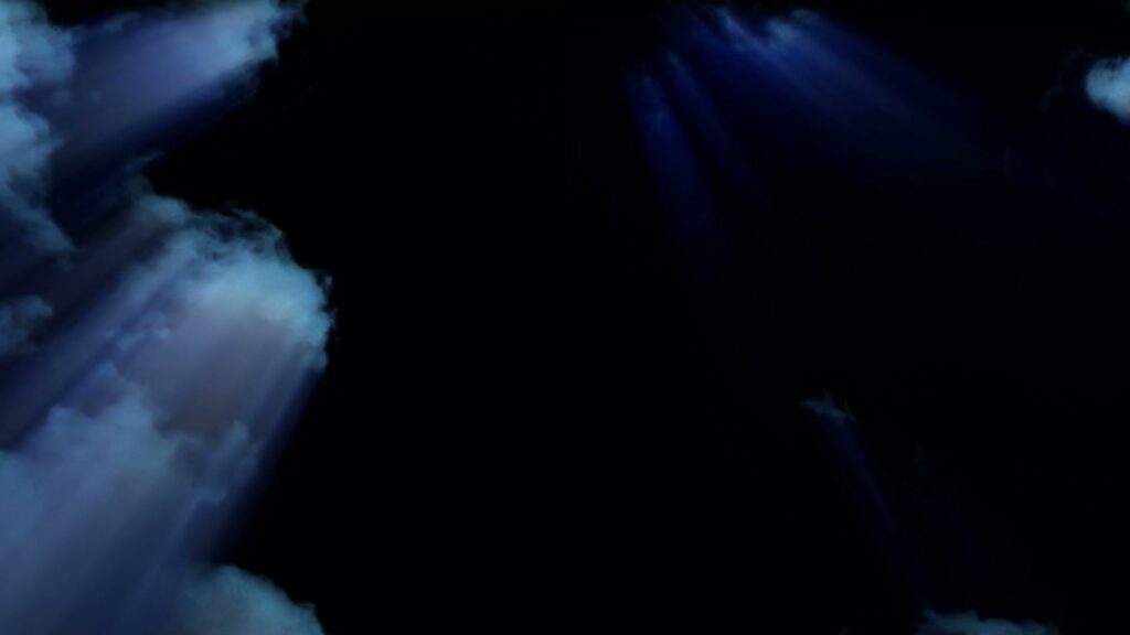 The video loop shows a dark scene, depicting a time-lapse night sky. Faint beams of light penetrate through misty clouds as they travel across the screen.